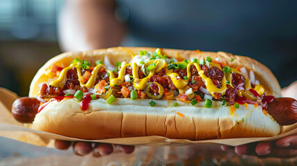 Delicious hotdog with sausage and vegetables  - obrazy, fototapety, plakaty