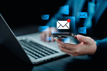 Businesswomen checking email via smartphone have spam malware screen alerts, cyber internet web hack attacks, warning errors, sniffing attacks, phishing, cybersecurity network concept - obrazy, fototapety, plakaty