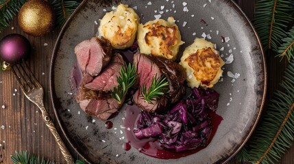 Roast beef with dumplings and red cabbage. Top view