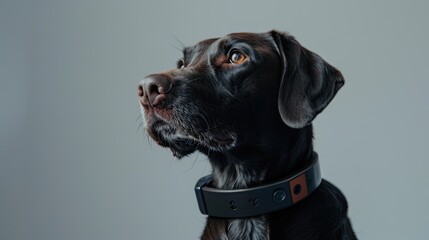 Portrait of a dog with a collar on a gray background.