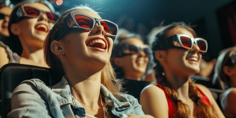 A group of women are sitting in a movie theater, wearing 3D glasses and smiling