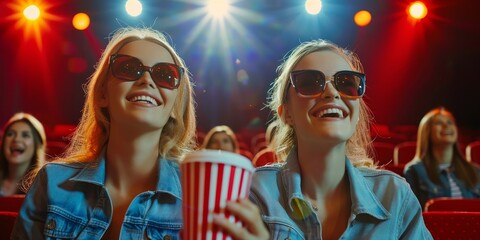 A group of women are sitting in a movie theater, wearing 3D glasses and smiling
