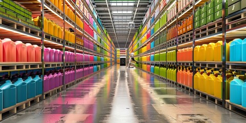 A brightly lit pink aisle of a grocery store with many different colored boxes