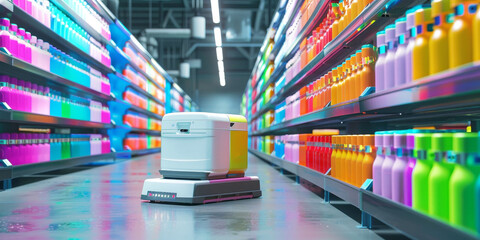 A robot is in a store aisle with many colorful bottles