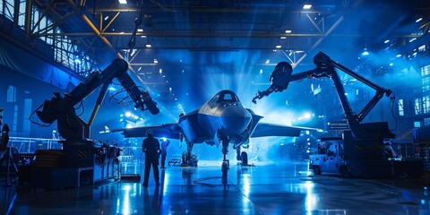 A group of people are working on a jet in a large hangar