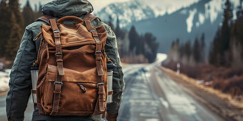 A man is walking down a road with a brown backpack on his back