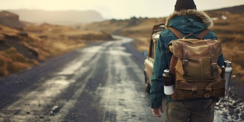 A man is walking down a road with a brown backpack on his back