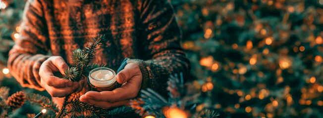 A young man in a warm sweater holds a candle in his hands, the flame illuminates his face and...