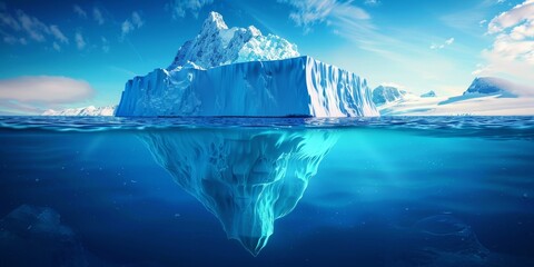 A large iceberg is floating in the ocean