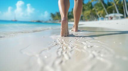 woman legs walking barefoot along a beautiful beach
