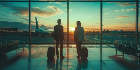 A couple is walking towards a plane with their luggage