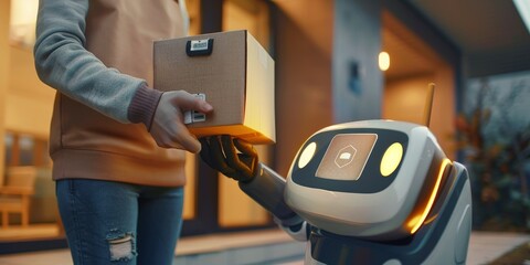 A woman is holding a box and a robot is standing next to her