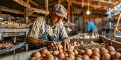 A man is working in a chicken coop, sorting through eggs