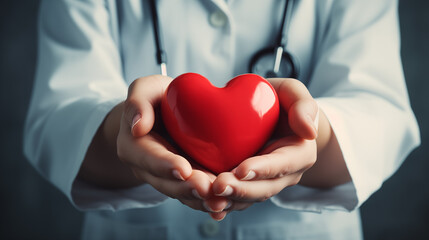  doctor holding a red heart in his hands. hands hold a red heart - obrazy, fototapety, plakaty