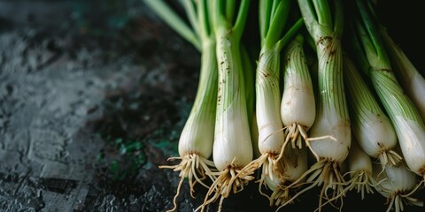 A bunch of green onions are piled on top of each other