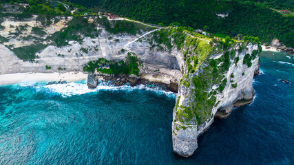 Beautiful Diamond Beach on Nusa Penida Island in Indonesia. Top view, aerial photography.
