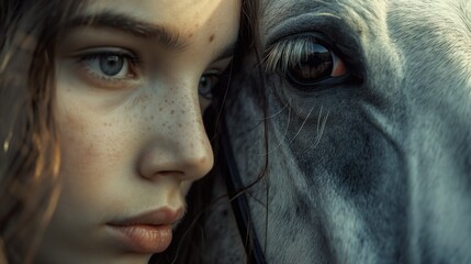 The union of a beautiful young girl and an unusual white horse. Trust and affection for an animal, therapy with animals