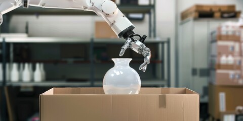 A robot is reaching into a box and grabbing a vase