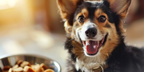 A dog is smiling and looking at the camera while eating food from a bowl