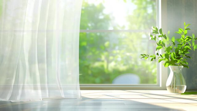 window with curtains fluttering in the wind.generated AI.(009)