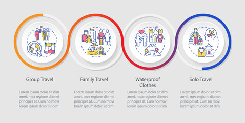 Travel types loop infographic template. Travel agency services. Data visualization with 4 steps. Editable timeline info chart. Workflow layout with line icons. Myriad Pro-Regular font used