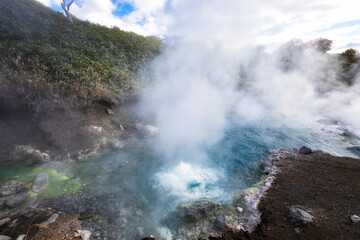 View lake with thermal water. Iturup, Kuril Islands. Russia