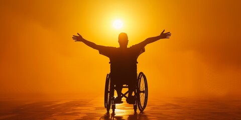 A man in a wheelchair is standing in the street and raising his arms in the air