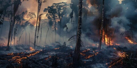 A forest fire is raging through a wooded area - obrazy, fototapety, plakaty