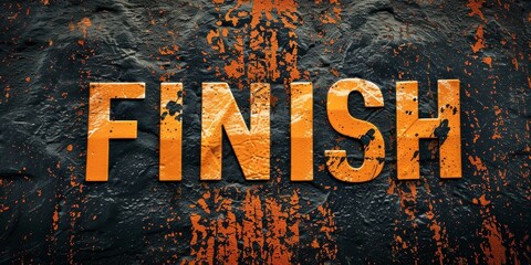 A rock wall with the word Finish written in orange letters