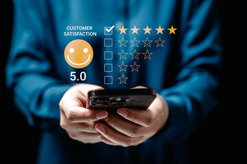 User customer review evaluates satisfaction with a product or service, Customers give a rating to service experience on the online application, Customer review satisfaction feedback survey concept