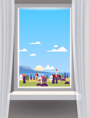Window view interior, minimal landscape, sea, ocean, coastal town,, mountains