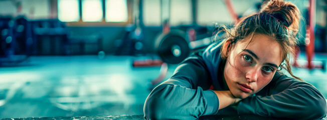A young European girl lies on a mat in the gym, taking a break from training. Break between approaches. Strength women's fitness training. Crossfit. Banner. Copy space