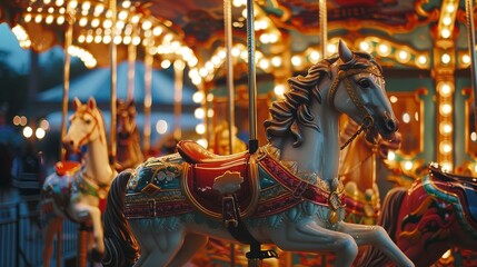 Fototapeta na wymiar A whimsical carousel with brightly painted horses and twinkling lights AI generated illustration