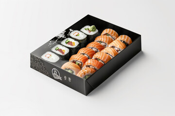 Fresh sushi assortment in a modern black takeaway box, featuring nigiri and maki rolls, with wasabi on the side.