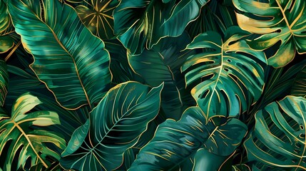 Lush Tropical Foliage Pattern with Vibrant Green Leaves and Golden Vein Accents,Symbolizing Luxury in Nature