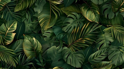 Lush Tropical Foliage with Golden Vein Accents - Seamless Pattern of Exotic Luxury in Nature