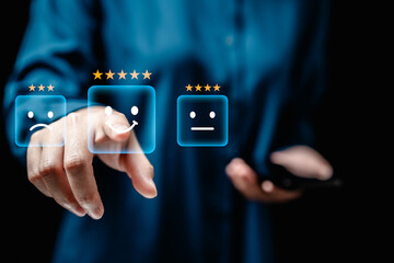 Evaluations Satisfaction after service online, user give ratings to service experience on the online application, customers choose review rating scores excellently - obrazy, fototapety, plakaty
