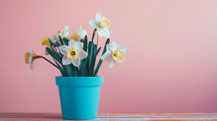 A delightful flowering narcissus, potted in a blue container, displayed against a pink background - obrazy, fototapety, plakaty