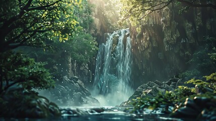A whimsical concept of a magical realm hidden behind a waterfall  AI generated illustration - obrazy, fototapety, plakaty