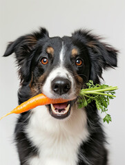 Dog holding carrot in his teeth