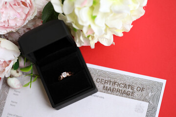 Fototapeta premium Canadian Certificate of registration of marriage blank document and wedding ring close up