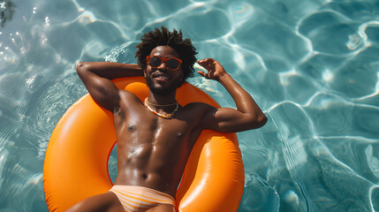 A man is floating in a pool in a large orange inflatable ring. He is smiling and he is enjoying himself