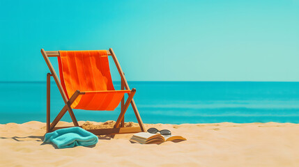 A beach chair is sitting on the sand next to a towel and a book. The scene is peaceful and relaxing, with the ocean in the background