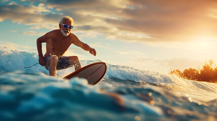 An older man in a swimsuit surfs on a wave. The sun sets in the background, creating a warm and relaxing atmosphere.