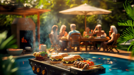 A group of people are gathered around a grill with hamburgers and hot dogs on it. The atmosphere is casual and relaxed, with people sitting at a dining table and enjoying the food