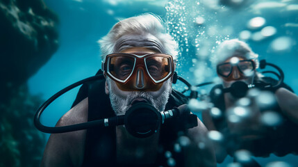 A man and a woman are diving in the ocean. The protagonist of the image wears a beard and glasses.