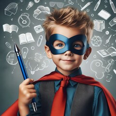 a clever hero child with a big pen. Successful learning concept.