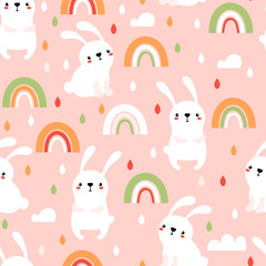 Bunnies with rainbows and drops background - obrazy, fototapety, plakaty