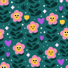 Funny flowers kids seamless pattern - 779473828