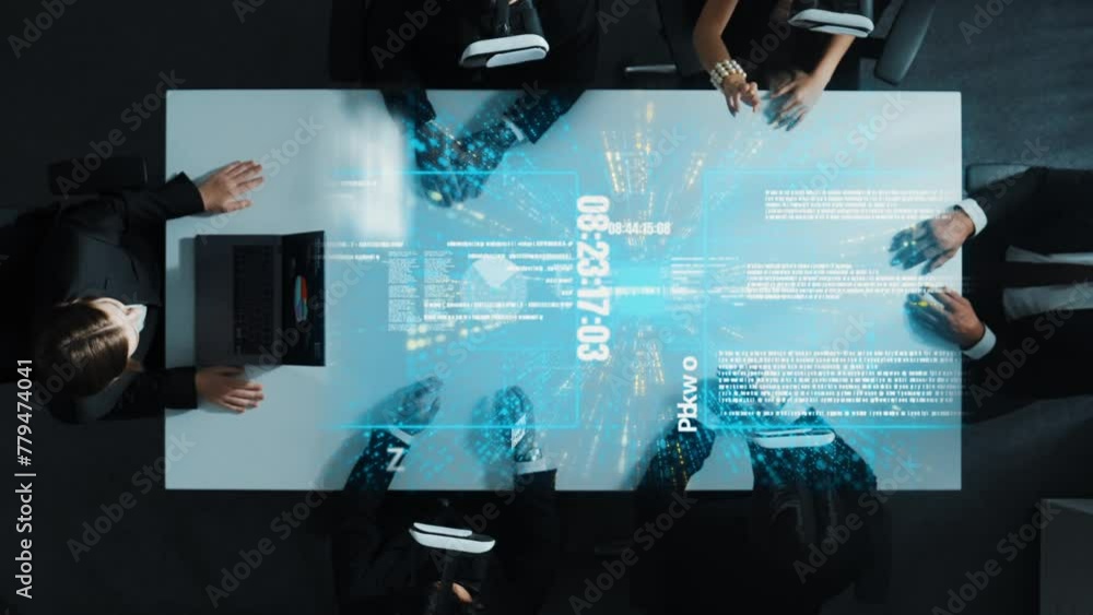 Poster top view of diverse data analysts wearing vr headsets and enter software database while using hand g